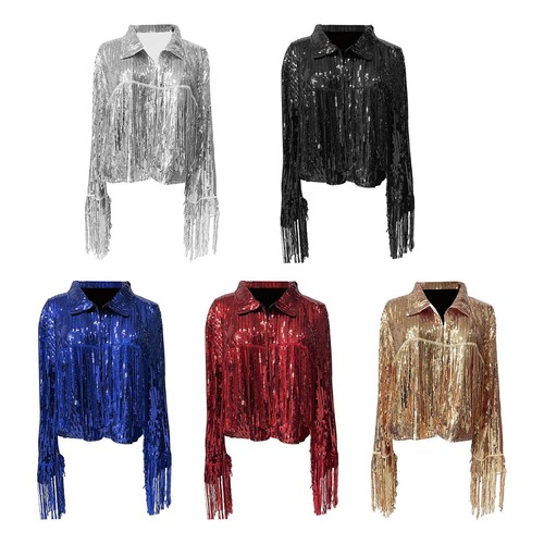 Women's Sequin Jacket with Tassel, Open Front Cardigan Clubwear Sparkling Lapel