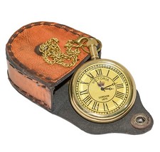 Brass 2" Pocket Watch with Leather Box Antique Vintage Maritime Victorian Style