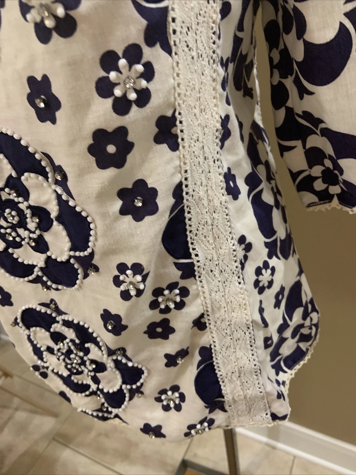 Tory Burch tunica di lino beige navy con perline taglia 10