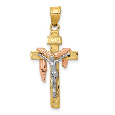 14K Gelbgold dreifarbig glänzend geschliffen kleiner drapierter Inri Kruzifix Anhänger
