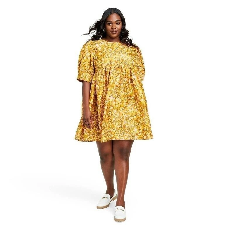 Kika Vargas x Target - Plus SIZE 1X - Mum Floral Puff Sleeve Mini Dress -  Gold