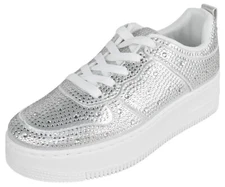 Top MODA Women Platform Sneakers Crystals Rhinestone Bling Lace U BOSTON Silver