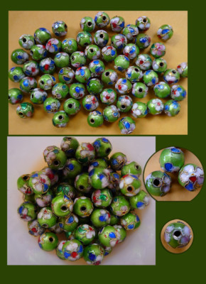 3 dozens cloisonne beads, 6 mm ~ green, blue, red, white and gold