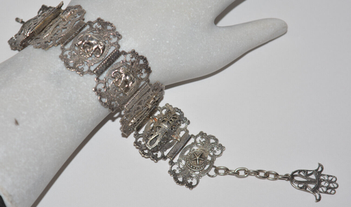 Vintage Algerian Silver Panel Linked Bracelet Hamsa with Star and Crescent Mark - Picture 2 of 6