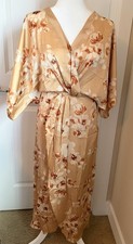 Lezat Satin Floral Wrap Maxi Dress Kimono Sleeve Boho Romantic Beige Size M USA