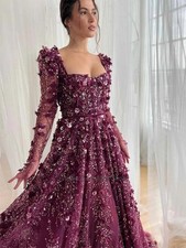 Purple Square Neck Party Dresses Lace A-line Long Sleeve Applique Belt Ruched