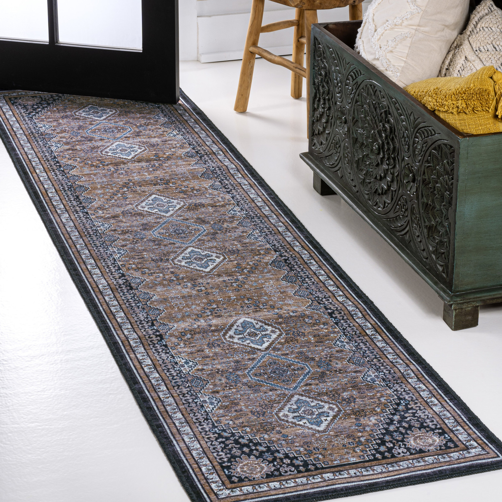 JONATHAN Y WSH101-28 Washable 2x8 Chenille Geometric Rug in Brown Blue