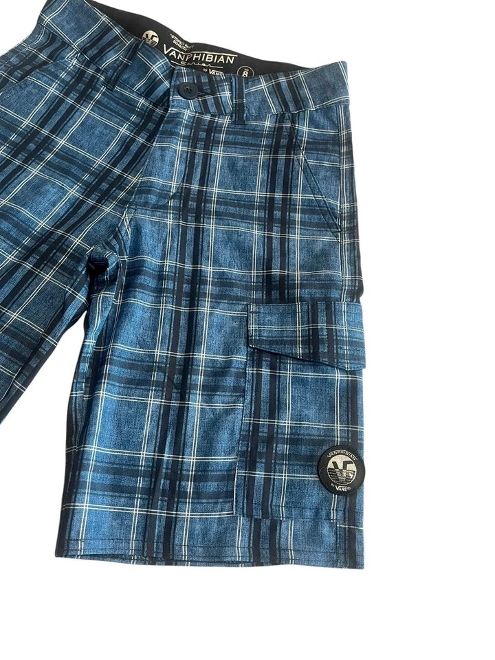 Shorts Vans Meninos Tamanho 8 Vanphibian Series Azul Xadrez Skate Surf Praia Verão NOVO - Imagem 3 de 4