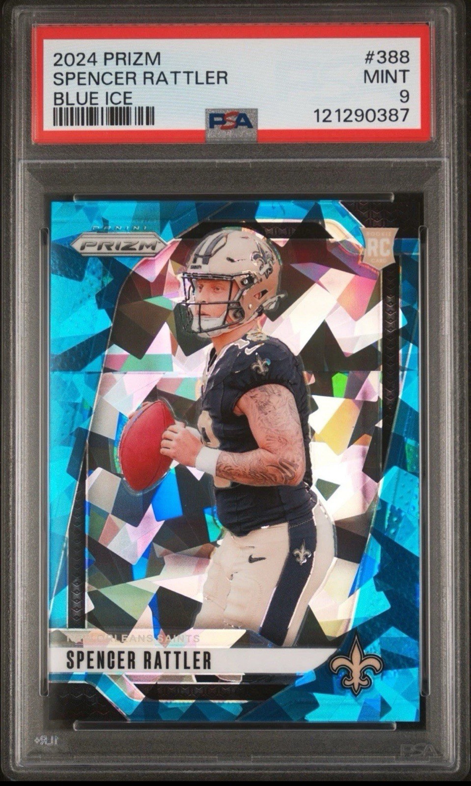 2024 Panini Prizm Football #388 Spencer Rattler Blue Ice /99 Saints Rookie PSA 9