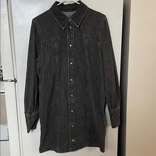 Ganni Size 40 100% Cotton Black Distressed Collared Denim Shirt Dress Buttons