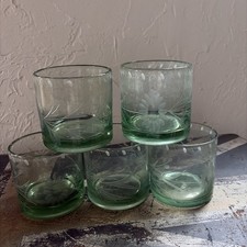 5 Bobby Flay Etched Green Double Old Fashioned Glass Whisky Rocks Hand-blown