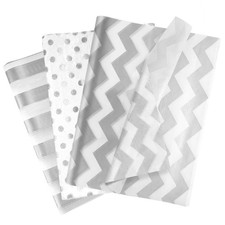 60 Sheets Tissue Paper for Gift Bags, White with Silver Strips, Waves, Dots A...
