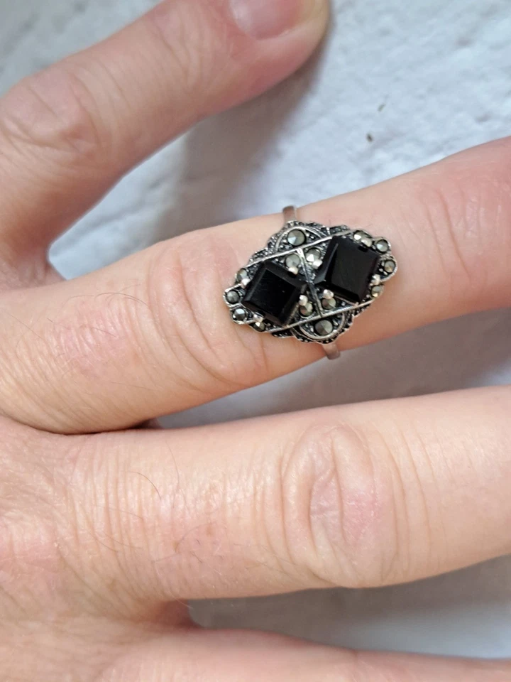 Anello, Argento 925 Con Onice E Marcasite, Bellissimo Anello Vecchio - Immagine 4 di 4