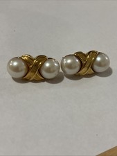 NAPIER Signed Vintage Swirling Gold Plate Faux Pearl Pierced Earrings