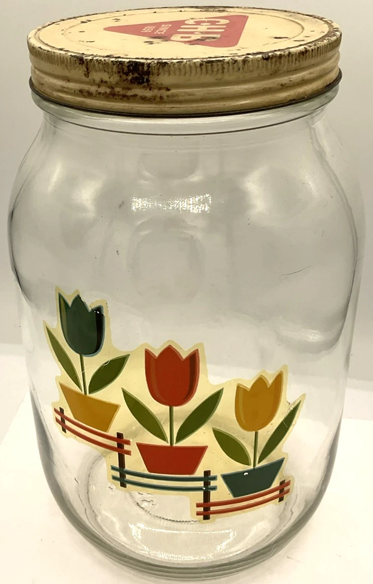 Large Glass Jar CHB Lid Tulip Decal Kitchen Storage Canister Dry Goods Prepper