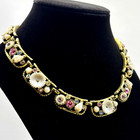 Vintage SELRO Signed Choker Necklace Gold Tone Celluloid Flowers Rhinestones — photo 1