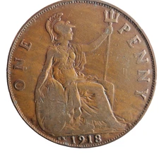 1918 KN GREAT BRITAIN PENNY - Rare Type Coin - FREE SHIP - Britain Bin 18