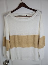 Women  s Knit Sweater Beige Cream Colorblock Long Sleeve Boat Neck Lightweight