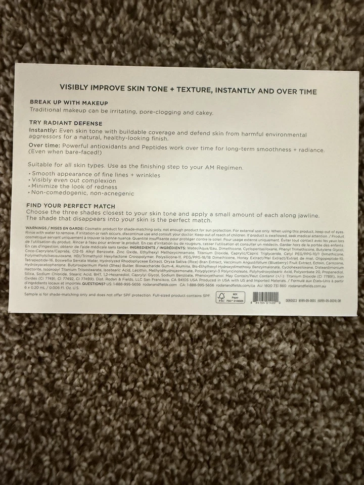 7 Card Lot Rodan + Fields Radiant Defense Perfecting Liquid Sample 10 Shades - Image 2 of 4