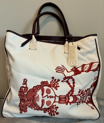 ro Bags White Tote Xylography Style- Silky Green Limited Ed Signed M. Leboroni
