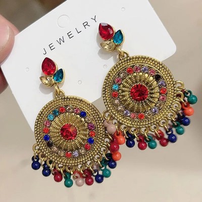 Fashion Bohemia Ethnic Style Dangle Earrings Women Circular Pendant Beads Decora