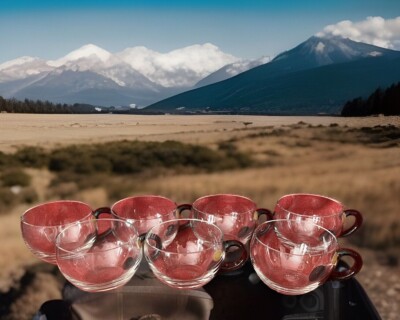 Set Of 7 Clear Glass Cups With Smoke Quartz Handle West Germany Vintage
