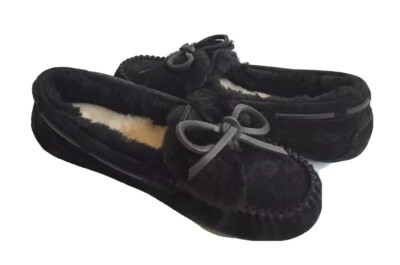 UGG DAKOTA DOUBLE BOW BLACK SHEARLING MOCCASIN SLIPPERS US 7 / EU