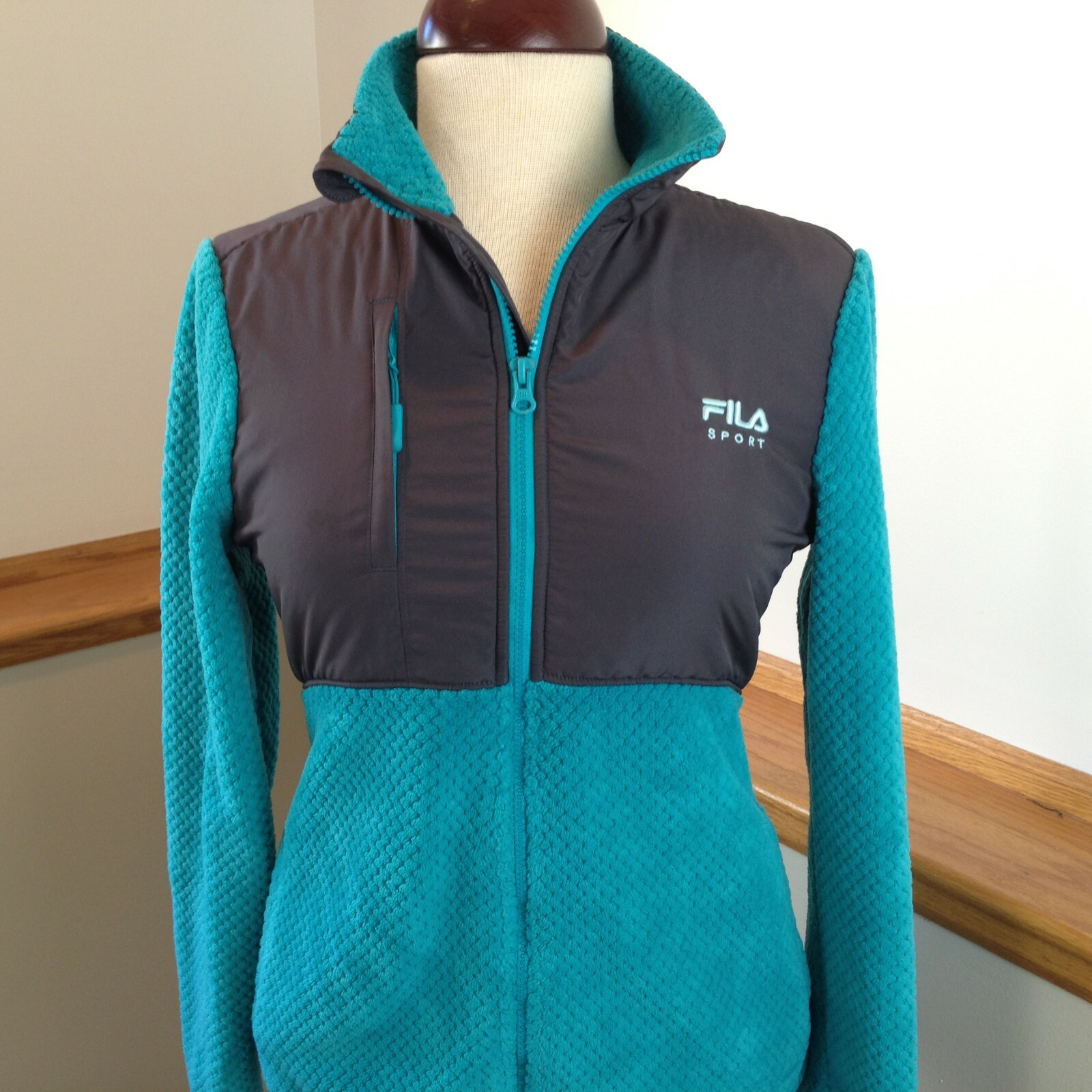FILA SPORT Graphic Full Zip Mock Neck Long Sleeve Green Fleece Jacket Women's S