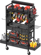Garage Power Tools Organizer Cart with Charging Station, Black Floor Standing Ro