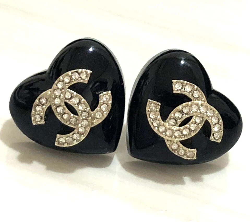 CHANEL CC Logos Black Heart Stud Earrings Tone B22B Auth w/Box | eBay