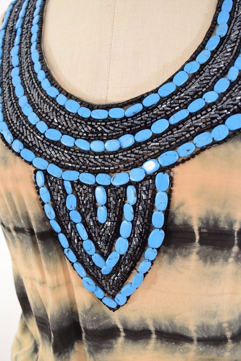 Karina Grimaldi Tie-Dyed Silk Turquoise Beaded Neck Blouson Silk Mini Dress  XS/S | eBay