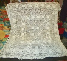 Hand Knit Crochet Lace Tablecloth Topper Stars Flowers Eyelet Doily Grannycore