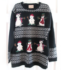 Woolrich Wool Christmas Sweater Womens Size M Black Snowmen Ugly Cute Holiday