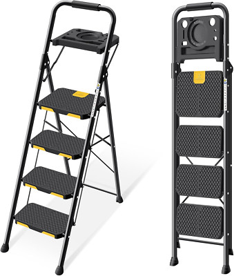 4 Step Ladder with Tool Platform, Folding Step Stool with Wide Pedal, Safety Loc
