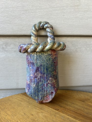 Vintage Colorful Mottled Abstract Wall Pocket Vase Braided Handle 6" Signed