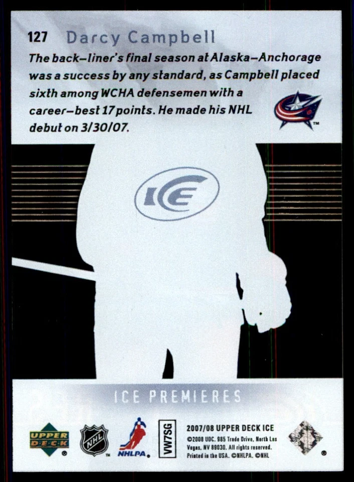 2007-08 Upper Deck Ice Darcy Campbell RC Columbus Blue Jackets #127 - Image 2 of 2