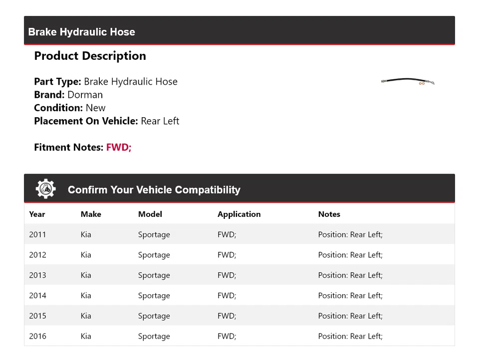 Manguera hidráulica de freno trasero izquierdo para Kia Sportage 2011-2016 tracción delantera Dorman 2012 2013 Foto 2 de 4