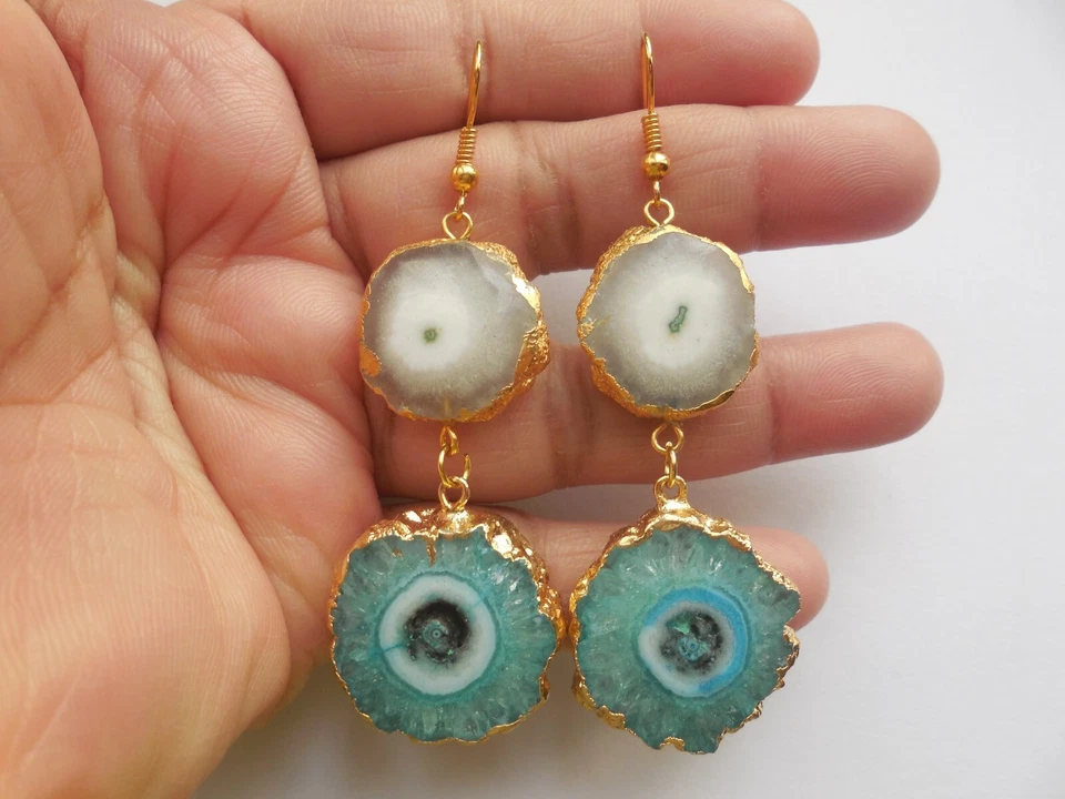 Pendiente Rebanada Solar Doble Piedra Gancho Pendiente Piedras Preciosas Borde Dorado Joyería de Moda Foto 3 de 4