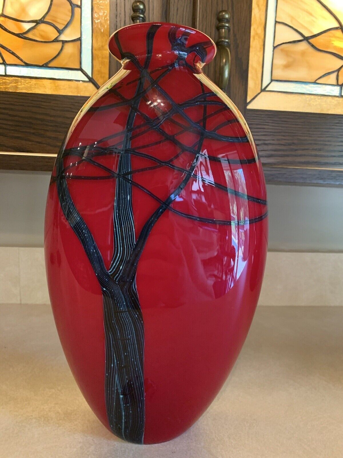 Richard Satava Art Glass Large 12 Inch Red Harvest Moon Vase Needs ...