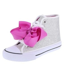 JoJo Siwa Legacee High Top Silver Sneakers Shoes w/ Pink Bows Girl Size 3.5 NEW
