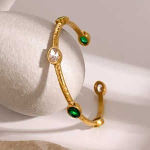 Authentic Fashion Woman 18K Gold Plated Green CZ Bracelet Opening Bangle Cuff