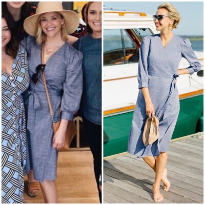 NWT Draper James Embroidered Dot Chambray Wrap Dress Blue Size