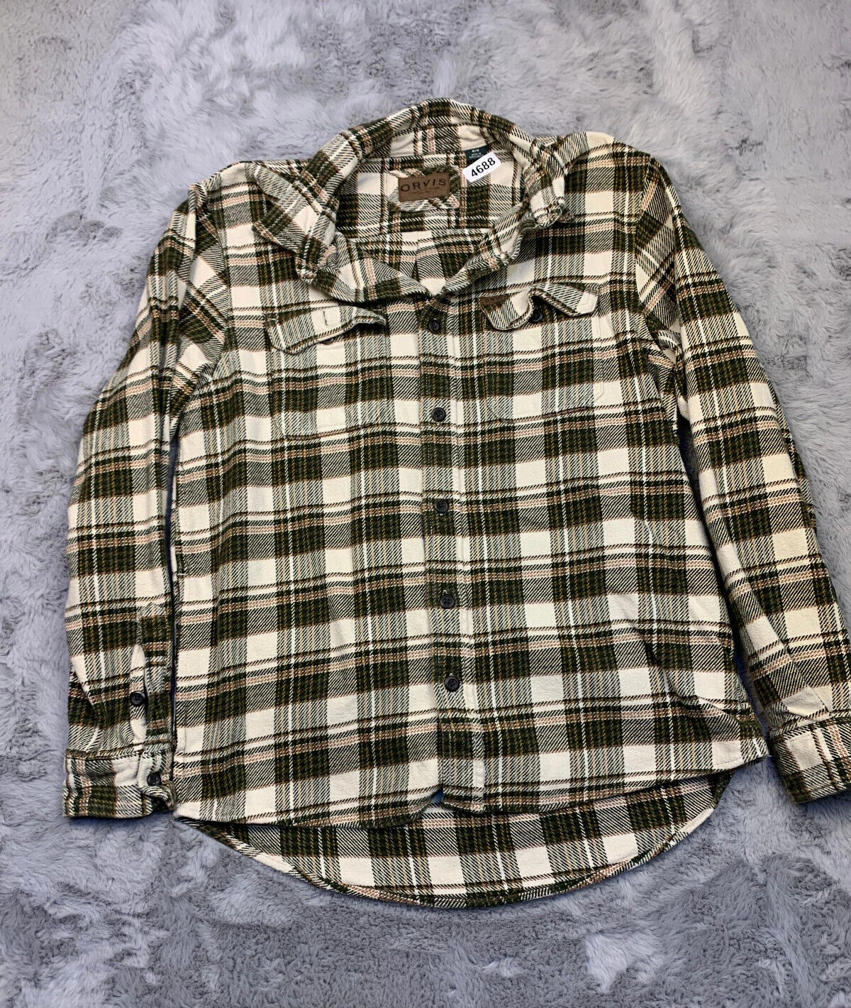 Orvis Shirt Men Medium Green Plaid Flannel Outdoor Hiking Heavy Long Sleeve