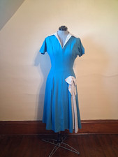 Authentic Vintage 1940s 1950s Swing Dress. Size S/M Teal Polkadot Retro Handmade