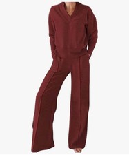 Women's Solid Color V-Neck Top Pants Two-Piece Set, Sweatshirt Sets for Women,