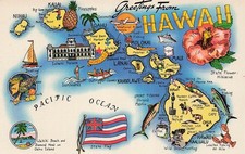 Hawaii State Map Molokai Lahaina Hilo Ohia Mauna Loa Kona Beach Vtg Postcard I54