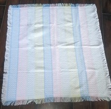Vintage Baby Blanket Pastel Stripe Blue Pink Yellow Fringe Trim Knit Acrylic