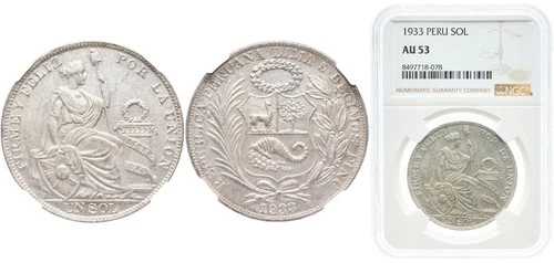 Peru 1933 1 Sol Silver (.500) (Copper .400, Nickel .100) NGC AU 53