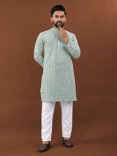Special Occasion Cotton Kurta Pajama Set With Designer Heavy Embroidery For Men