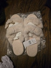 LOFT Women's Beige Faux Fur Criss Cross Slide Slippers Open Toe Slip-On US 9
